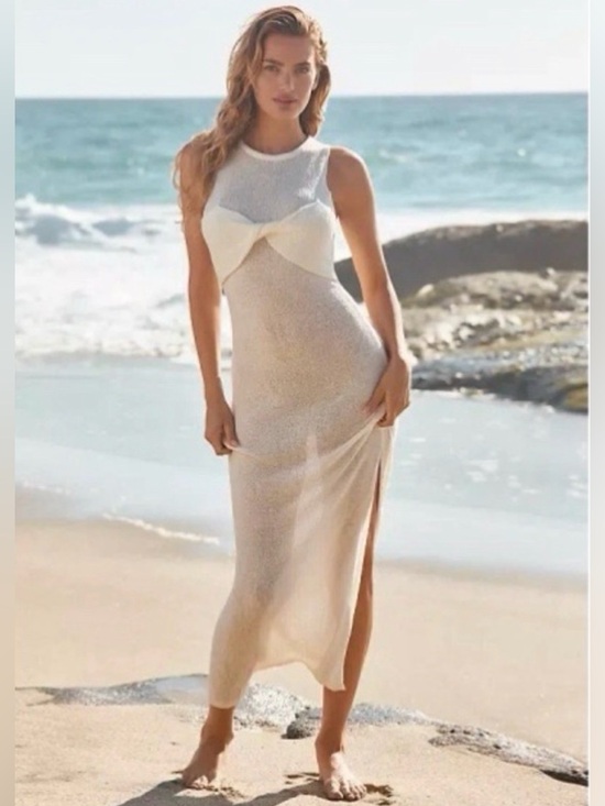 ANTHROPOLOGIE Ivory Twist Front Knit Maxi Dress Medium NWT - Picture 4 of 5